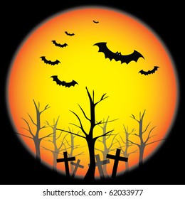 Halloween Background Template - Scary Flying Bats Over the Trees of a Cemetery at Night