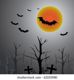 Halloween Background Template - Scary Flying Bats Over the Trees of a Cemetery in the Darkness