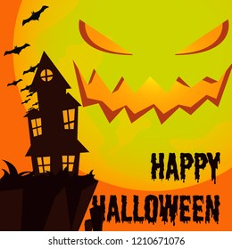 Halloween background template with spooky house and moon with pumpkin face for your background of invitation or banner or else