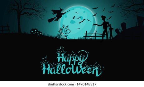 Halloween background, template for your creativity with night landscape with big blue full moon, zombie, witches and pumpkins. Template with space for text