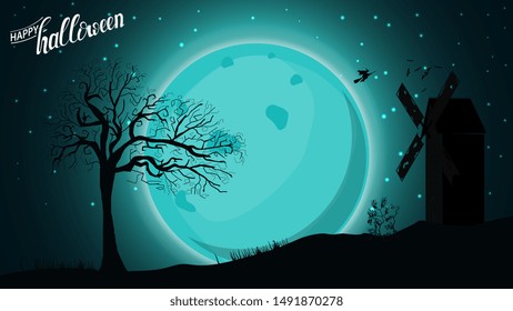Halloween background, template for your creativity with blue night landscape with full moon, old mill and witches. Template for your art