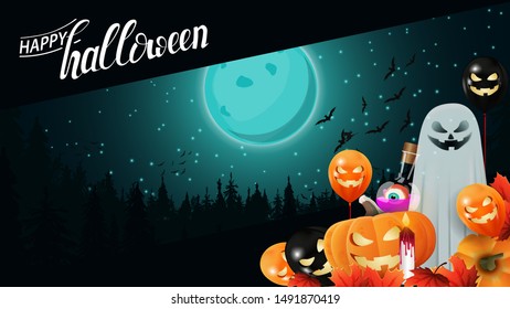 Halloween background, template for your creativity with blue night landscape with full moon over dark forest. Template for your art