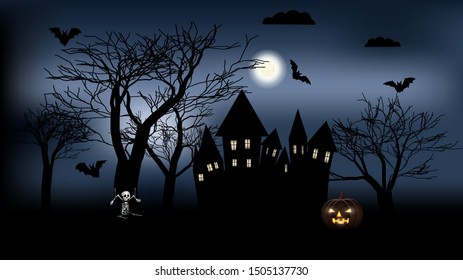 Halloween background, template for your creativity with night landscape with full moon, zombies, bats and pumpkin. Vector template for your art