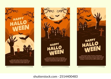 Halloween background templates with scary theme frames. Zombie hands, tombstones, flying bats for social media