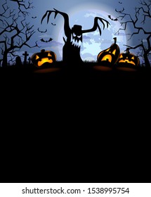 Halloween background with terrifying tree and scary pumpkins