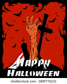 Halloween background text cartoon with scary hand and graveyard, red and black color