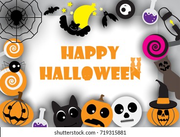 Halloween Background for text center. Vector Illustration. Boarder frame for text. Trick or Treat Concept. Pumpkin and Spider Web, Witch Hat and candy lolly pop, head skull ,head pumpkin and head bat