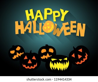 halloween background with text Happy halloween and pumpkins, shadow effect, flat design