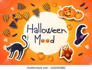 Halloween background with text, stickers and festoon on orange. Vector illustration eps10