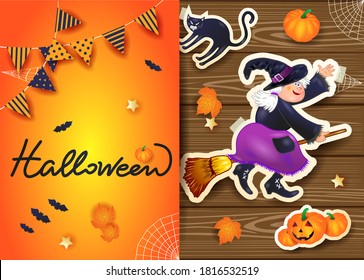 Halloween background with text and stickers on wood. Vector illustration eps10