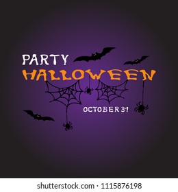 Halloween background and text. vector illustration of a spider, spider web and bats.