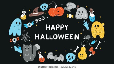 Halloween-Hintergrund, Halloween-Thema, Halloween-Doodles, Halloween-Elemente, Geist, Mummy, Schädel, Zombie, Silhouette einer Spinne, Cobweb-Hintergrund