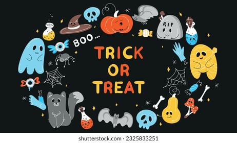 Halloween background, Halloween theme, Halloween doodles, set of Halloween elements, ghost, mummy, skull, zombie, silhouette of a spider, cobweb