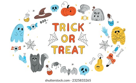 Halloween background, Halloween theme, Halloween doodles, set of Halloween elements, ghost, mummy, skull, zombie, silhouette of a spider, cobweb