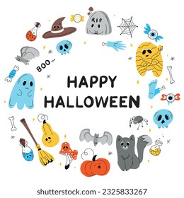 Halloween background, Halloween theme, Halloween doodles, set of Halloween elements, ghost, mummy, skull, zombie, silhouette of a spider, cobweb