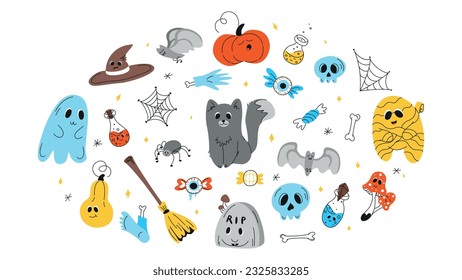 Halloween background, Halloween theme, Halloween doodles, set of Halloween elements, ghost, mummy, skull, zombie, silhouette of a spider, cobweb