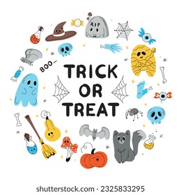 Halloween background, Halloween theme, Halloween doodles, set of Halloween elements, ghost, mummy, skull, zombie, silhouette of a spider, cobweb