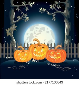 Fondo de Halloween con tres alegres calabazas, una enorme luna y árboles altos. Ilustración vectorial para decorar un volante, afiche, invitación o anuncio en medios sociales para Halloween.