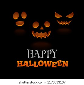 Halloween background with three Jack o lanterns isolated on black. Scary face pumpkins glowing in the dark. Vector illustration