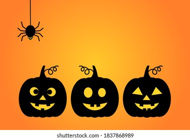 Halloween background with three Jack O Lantern pumpkins and the spider. Vector illustration.