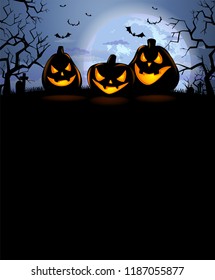 Halloween background with three laughing pumpkins and a full moon
