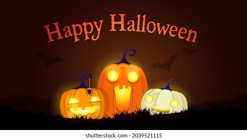 Halloween background with three pumpkins in night with bats and Happy Halloween lettering. Vector illustration