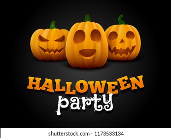 Halloween background with three scary pumpkins. Vector invitation card design for spooky night party.