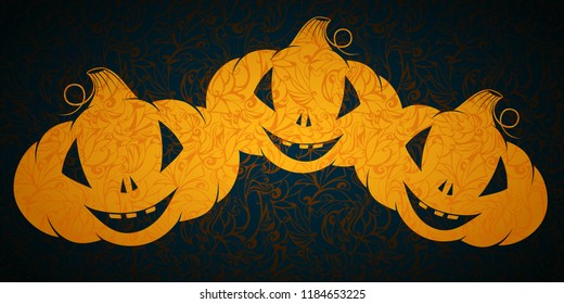 Halloween background with three smiling, delicate, luminous pumpkins on a dark openwork background. vertical format