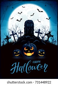 Halloween background with tomb and pumpkins in the cemetery. Blue night with full Moon, illustration.