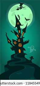 Halloween background with tombs, trees, bats, tombstones, gravey and haunted house. Cartoon illustration