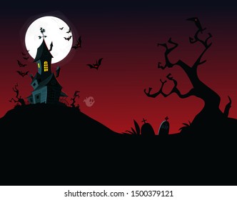 Halloween background with tombs, trees, bats, tombstones, graves and haunted house