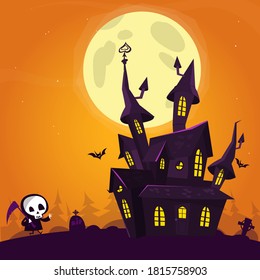 Halloween background with tombs, trees, bats, tombstones, gravey and haunted house. Cartoon vector illustration isolated