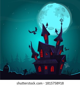 Halloween background with tombs, trees, bats, tombstones, gravey and haunted house. Cartoon vector illustration isolated