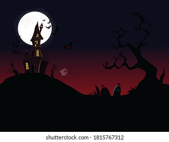 Halloween background with tombs, trees, bats, tombstones, gravey and haunted house. Cartoon vector illustration isolated