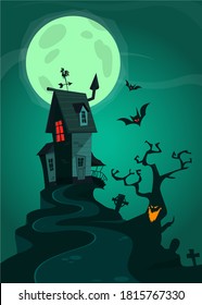 Halloween background with tombs, trees, bats, tombstones, gravey and haunted house. Cartoon vector illustration isolated