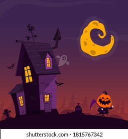 Halloween background with tombs, trees, bats, tombstones, gravey and haunted house. Cartoon vector illustration isolated