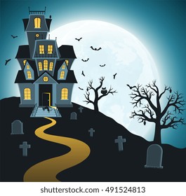 Halloween background with tombs, trees, bats, tombstones, gravey