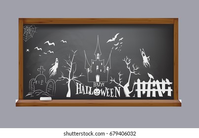 Halloween background with tombs, trees, bats, tombstones, grave