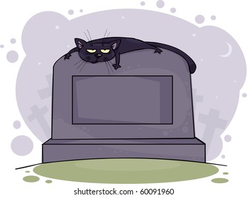 Halloween background with tombstone and black cat