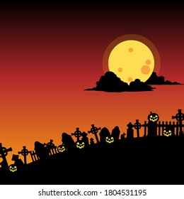 Halloween  background with tombstone, pumpkin, haunted house and full moon. Flyer or invitation template for Halloween party. silhouette Vector illustration.
