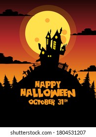 Halloween  background with tombstone, pumpkin, haunted house and full moon. Flyer or invitation template for Halloween party. silhouette Vector illustration.