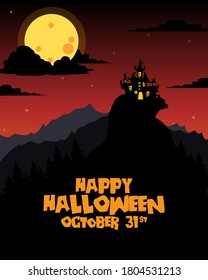 Halloween  background with tombstone, pumpkin, haunted house and full moon. Flyer or invitation template for Halloween party. silhouette Vector illustration.