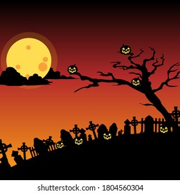 Halloween  background with tombstone, pumpkin, haunted house and full moon. Flyer or invitation template for Halloween party. silhouette Vector illustration.