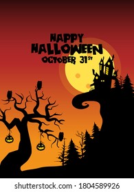 Halloween  background with tombstone, pumpkin, haunted house and full moon. Flyer or invitation template for Halloween party. silhouette Vector illustration.