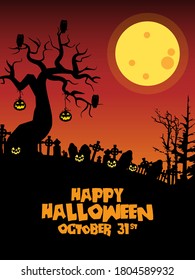 Halloween  background with tombstone, pumpkin, haunted house and full moon. Flyer or invitation template for Halloween party. silhouette Vector illustration.