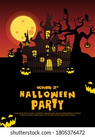 Halloween  background with tombstone, pumpkin, haunted house and full moon. Flyer or invitation template for Halloween party. silhouette Vector illustration.