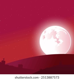 Halloween Background With Tombstone Silhouette Under Full Moon