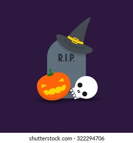 Halloween background with tombstone, witch hat, jack-o'-lantern pumpkin and skull