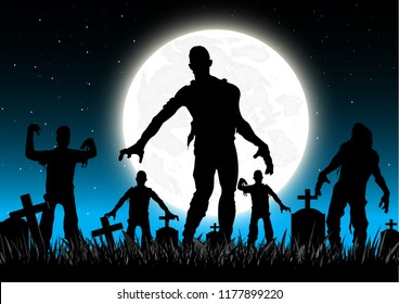 Halloween background. Tombstone(graveyard) with moon and dark forest. Halloween design with copyspace