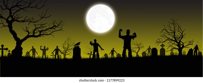 Halloween background. Tombstone(graveyard) with moon and dark forest. Halloween design with copyspace